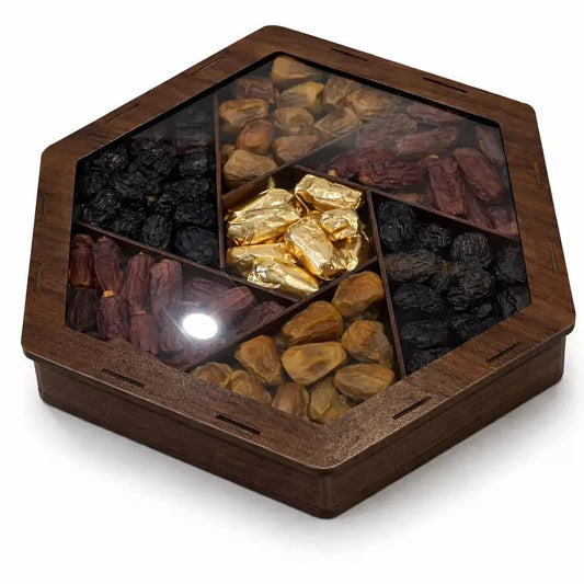 Premium Assorted Dates Gift Box – 7 Portion Dark Brown Hexagon