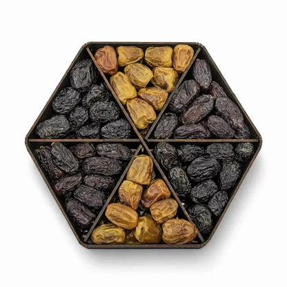 Classic Assorted Dates Box – 6 Portion Dark Brown Hexagon