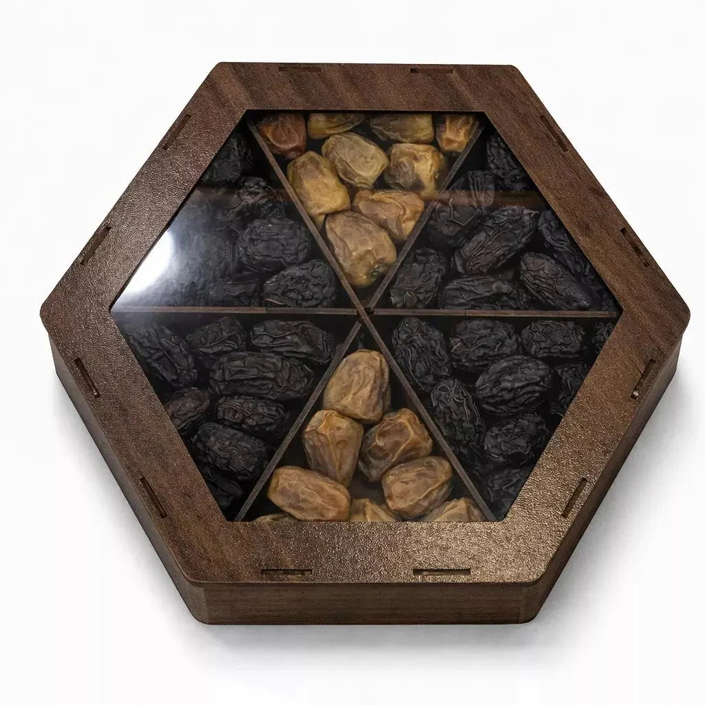 Classic Assorted Dates Box – 6 Portion Dark Brown Hexagon