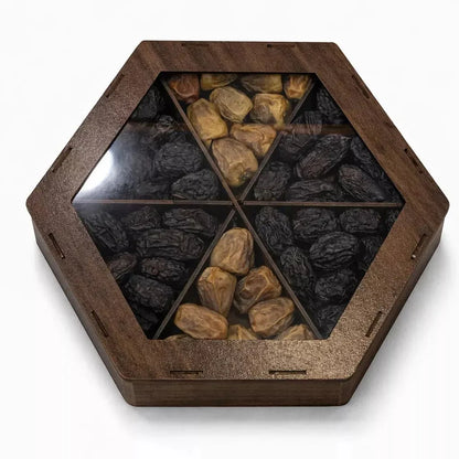 Classic Assorted Dates Box – 6 Portion Dark Brown Hexagon